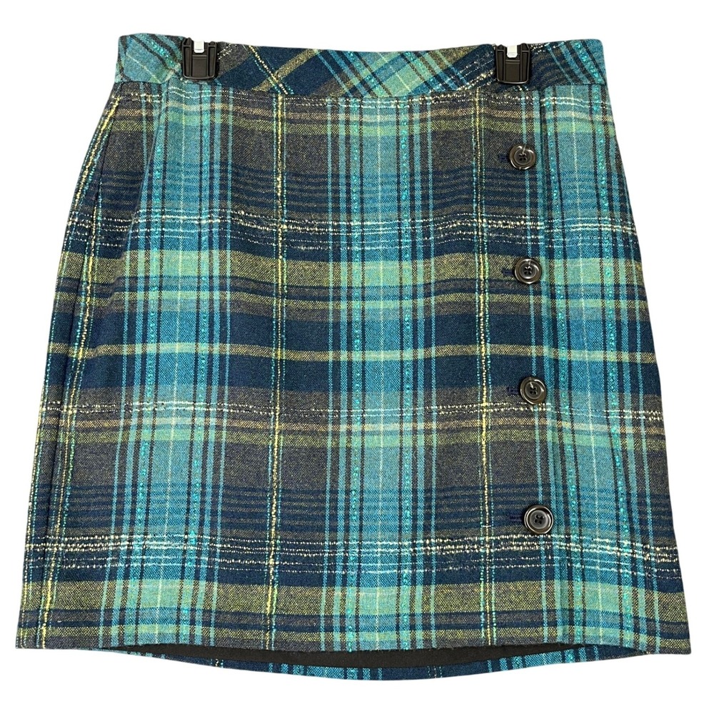 JJill Petite Plaid Wool Blend A-Line Skirt Button Accent Women 10P Tartan Preppy